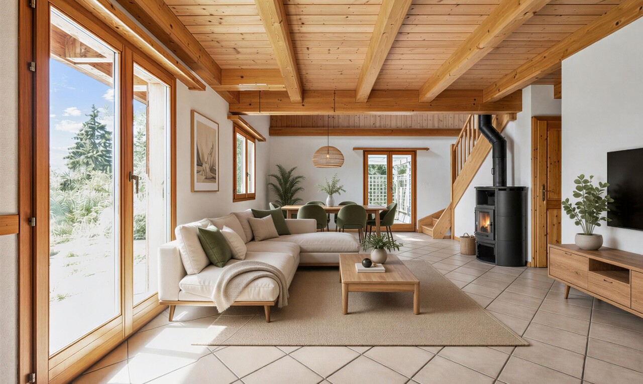 pièce vide avec beamed ceiling, plafond à poutres, poêle à bois, wood ceiling, et plafond en bois