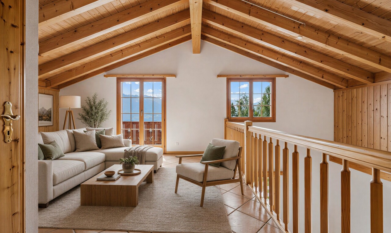 pièce vide avec plafond en bois, wood ceiling, plafond à poutres, beamed ceiling, et plafond cathédrale