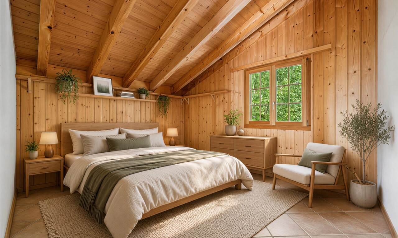 pièce vide avec vaulted ceiling, plafond voûté, beamed ceiling, plafond à poutres, et dated wood wall