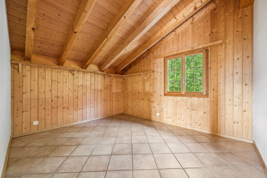 pièce vide avec vaulted ceiling, plafond voûté, beamed ceiling, plafond à poutres, et dated wood wall