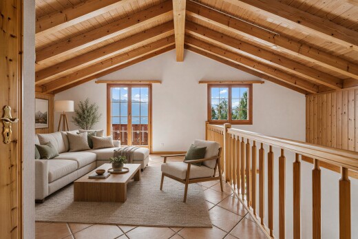 pièce vide avec plafond en bois, wood ceiling, plafond à poutres, beamed ceiling, et plafond cathédrale