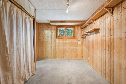 pièce vide avec éclairage sur rail, dated wood wall, wood wall, mur en bois, et sous-sol