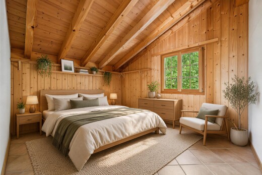 pièce vide avec vaulted ceiling, plafond voûté, beamed ceiling, plafond à poutres, et dated wood wall