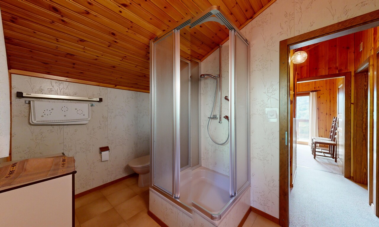 salle de bains avec wallpaper wall, mur en papier peint, douche, vaulted ceiling, et plafond voûté