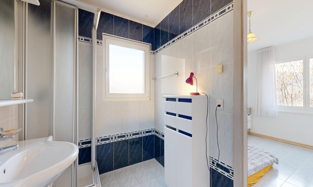 bad mit komplettes badezimmer, dusche, light floor, inside property, und natürliches licht