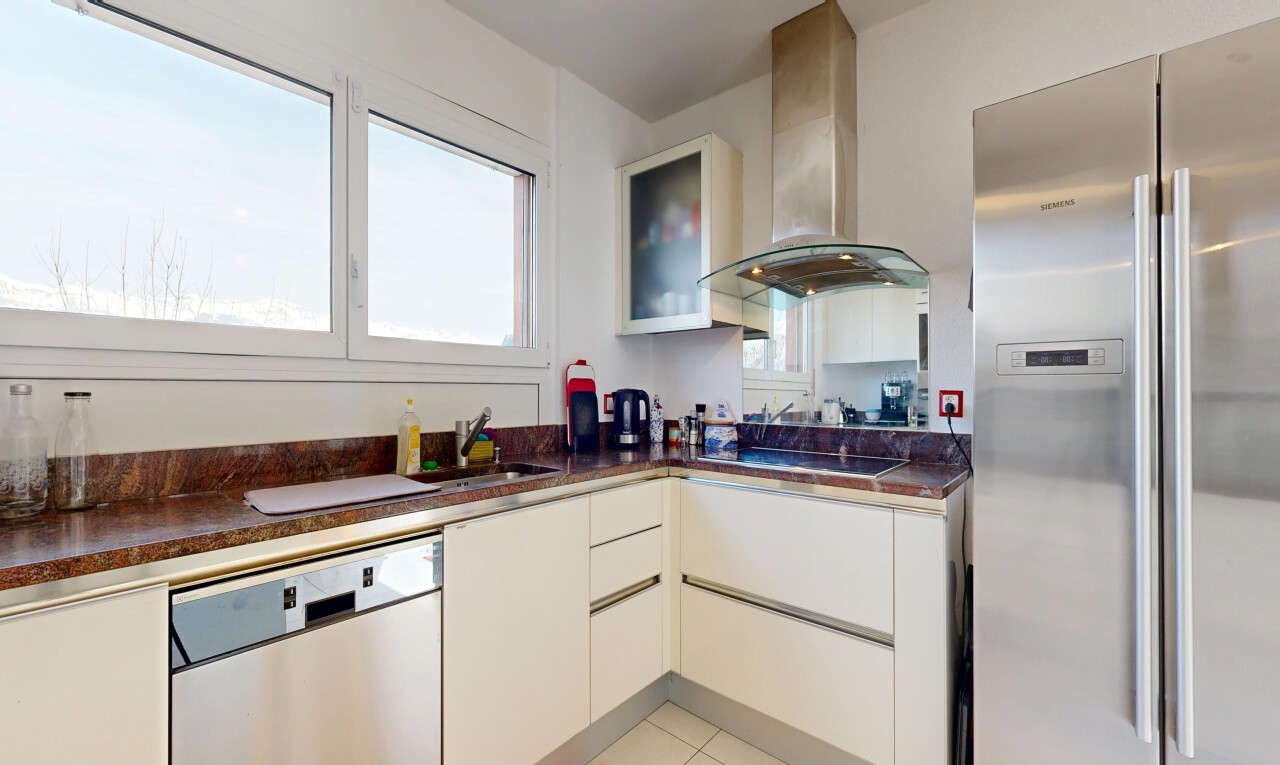 küche mit kühlschrank, dunstabzugshaube, arbeitsplatten, dark countertops, und geschirrspülmaschine