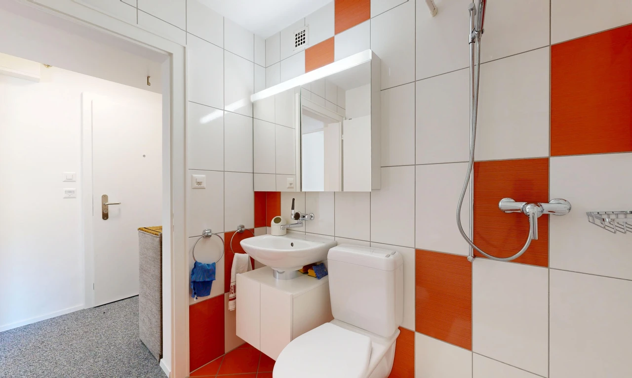 salle de bains avec miroir, évier, toilette, mur en carrelage, et tile wall