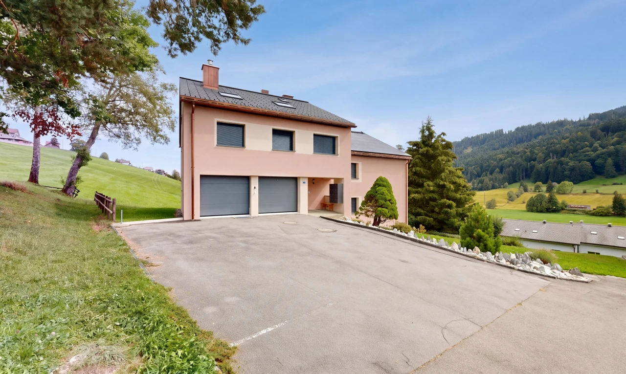 façade avec allée, property visible, garage intégré, from property, et cheminée