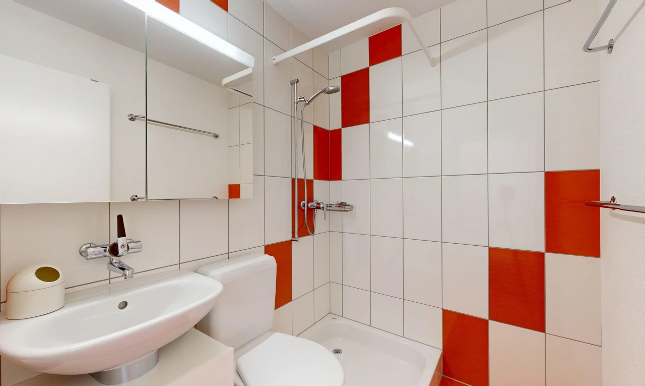 salle de bains avec évier, salle de bain complète, douche, toilette, et miroir