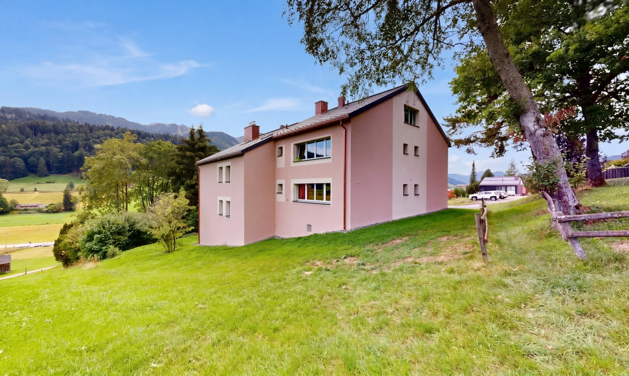 façade avec cheminée, pelouse, bardage en stuc, property visible, et mountain view