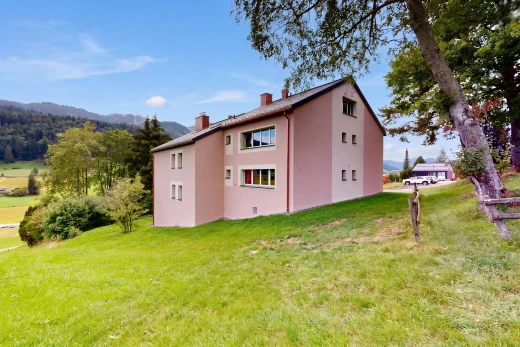 façade avec cheminée, pelouse, bardage en stuc, property visible, et mountain view