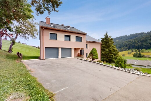 außenansicht mit auffahrt, property visible, eingebaute garage, from property, und schornstein