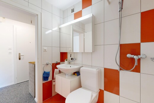 bad mit spiegel, waschbecken, toilette, fliesenwand, und tile wall