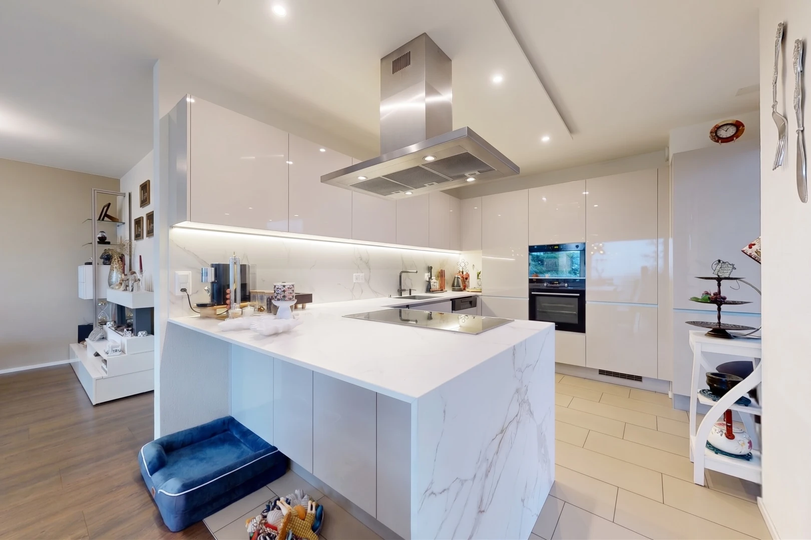 cuisine avec hotte, armoires à panneau plat, flat panel cabinets, light floor, et light countertops