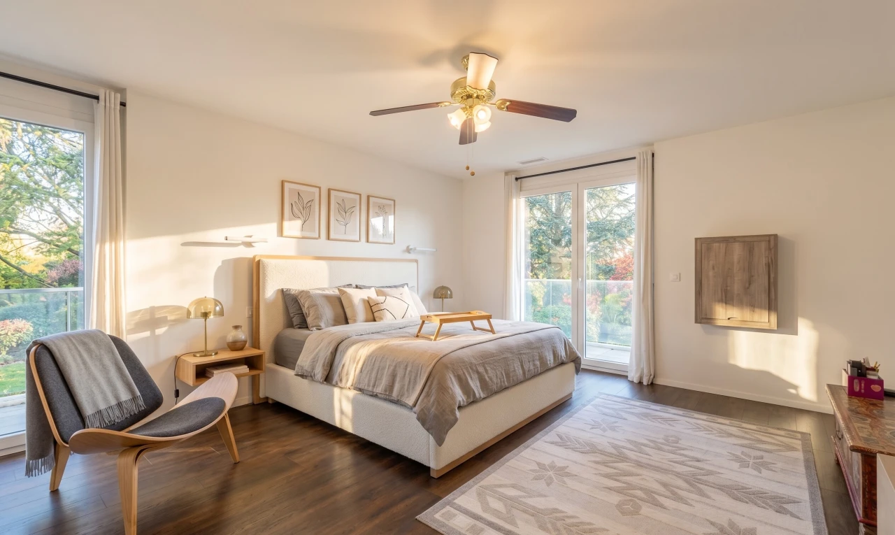 chambre avec accès à l'extérieur, drywall, cloison sèche, ventilateur de plafond, et dark floor