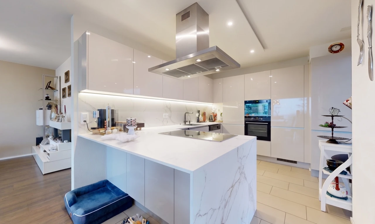 cuisine avec hotte, armoires à panneau plat, flat panel cabinets, light floor, et light countertops