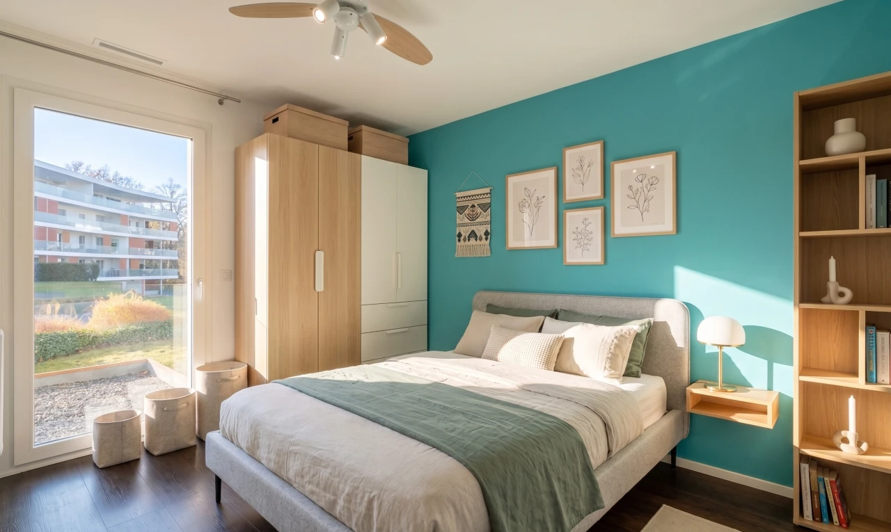 chambre avec ventilateur de plafond, cloison sèche, drywall, dark floor, et inside property