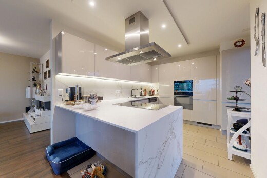 cuisine avec armoires à panneau plat, péninsule de cuisine, hotte, armoires blanches, et inside property