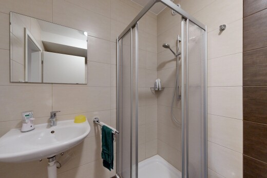 salle de bains avec miroir, inside community, salle de bain complète, évier, et douche