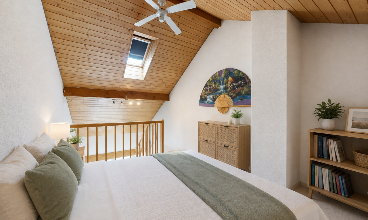zimmer / schlafzimmer mit high end ceiling, beamed ceiling, balkendecke, dachboden, und wood ceiling