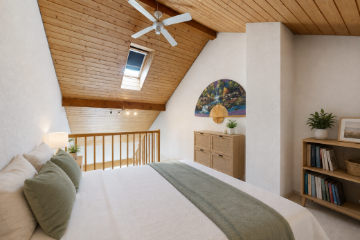 zimmer / schlafzimmer mit high end ceiling, beamed ceiling, balkendecke, dachboden, und wood ceiling