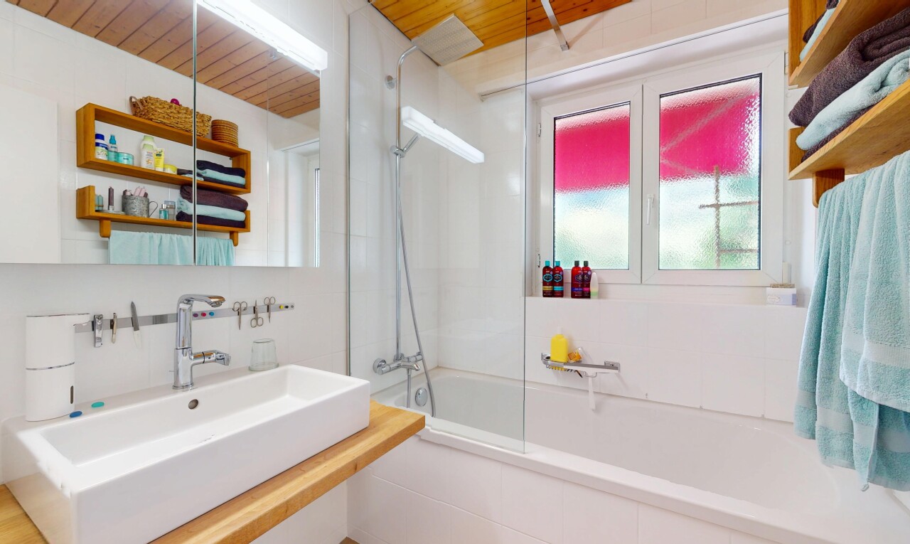 salle de bains avec douche-bain combinés, miroir, évier, natural light, et lumière naturelle