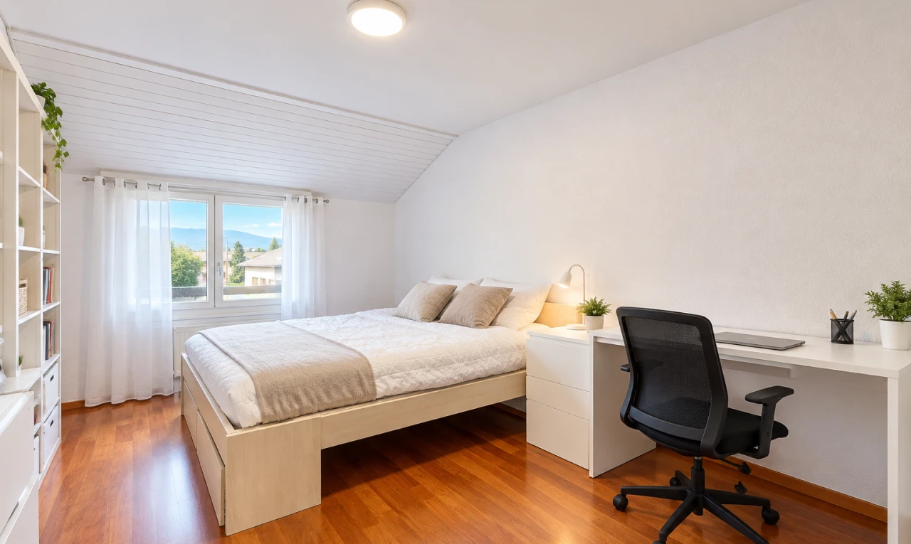 zimmer / schlafzimmer mit dachschräge, vaulted ceiling, day time, holzfußboden, und wood finish floor