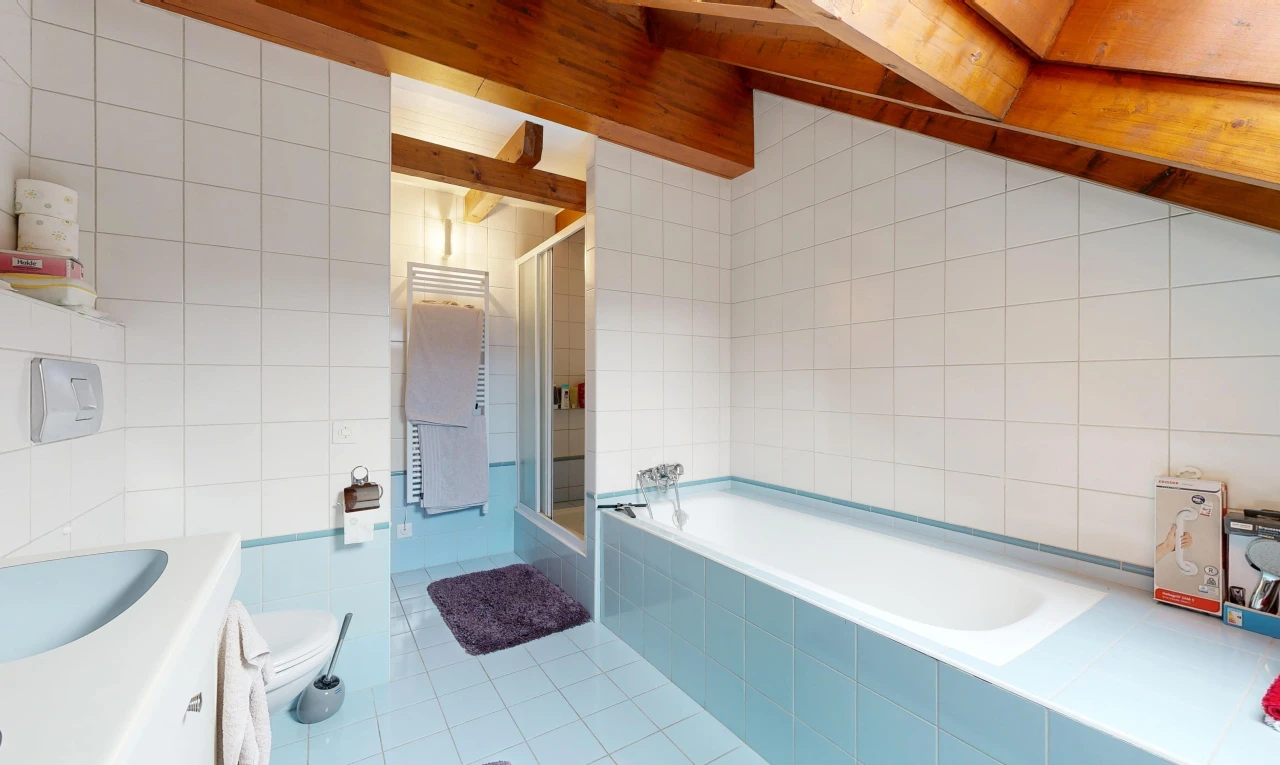 bad mit fliesenwand, tile wall, dusche, handtuchwärmer, und bad