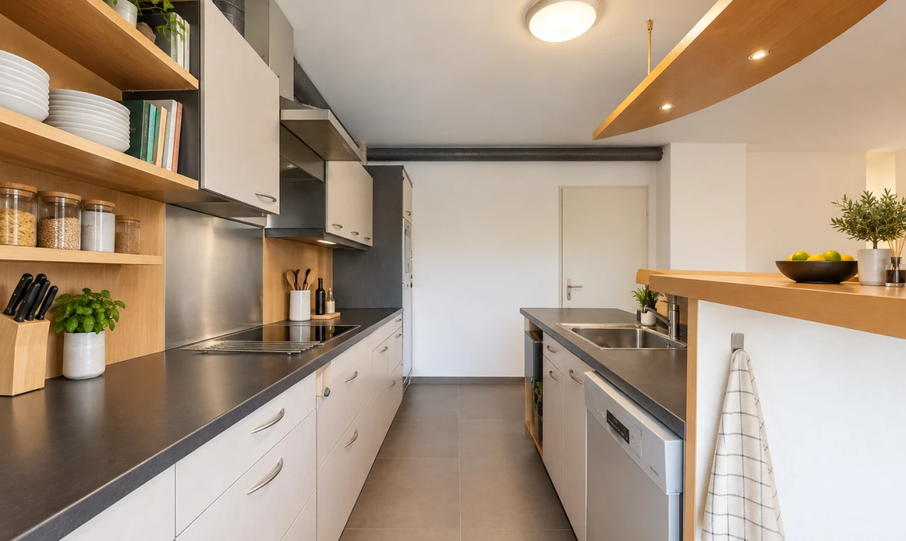 küche mit arbeitsplatten, dark countertops, geschirrspülmaschine, einbauleuchten, und gipskartonwand