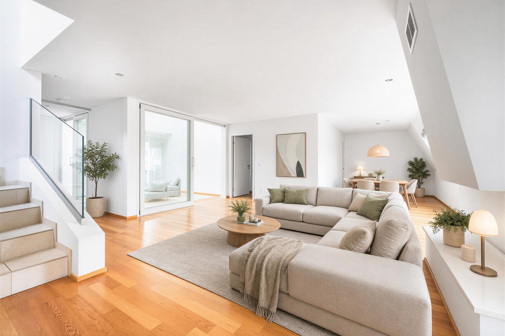 wohn- / esszimmer mit treppen, holzfußboden, wood finish floor, inside property, und gipskartonwand