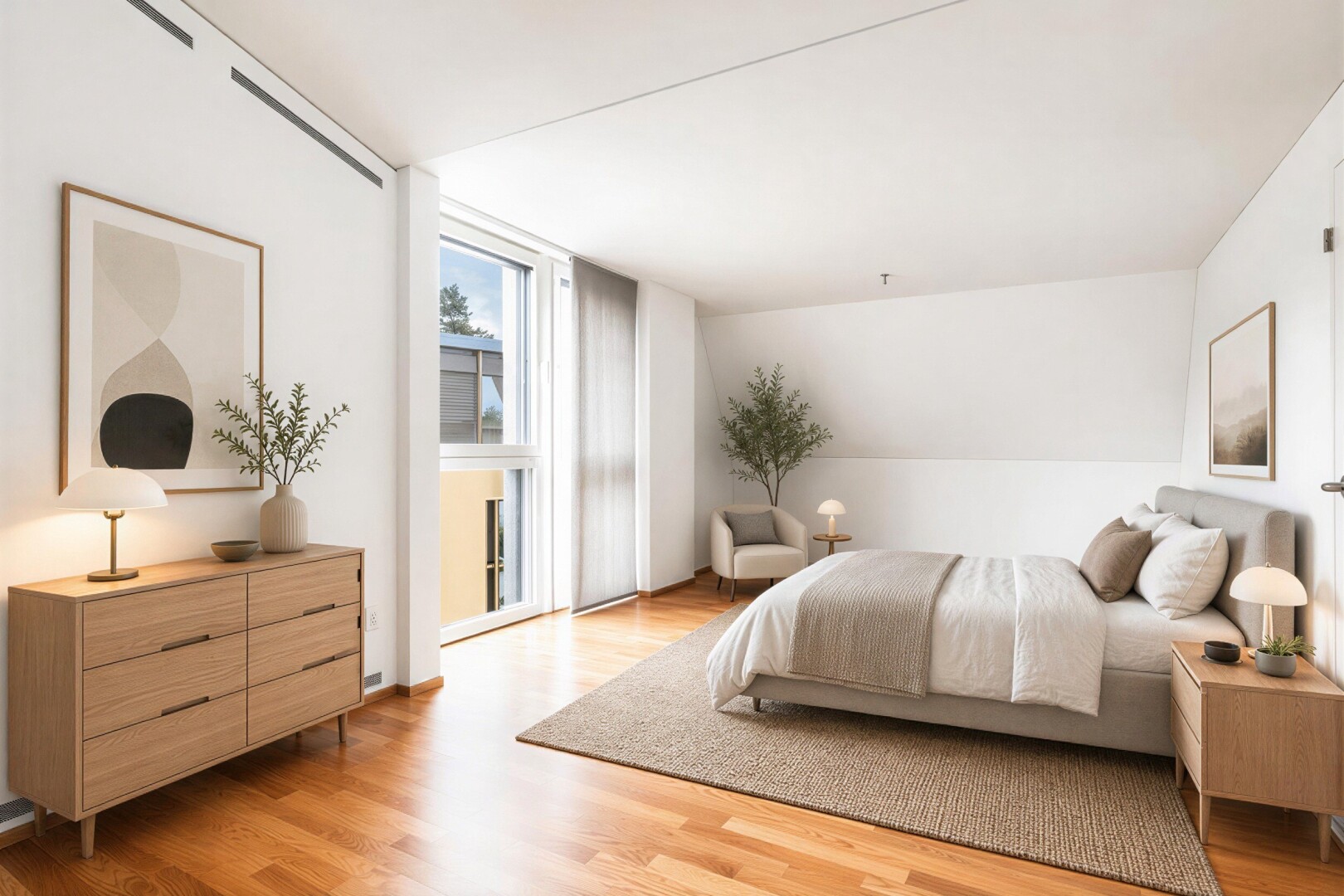 zimmer / schlafzimmer mit natürliches licht, natural light, holzfußboden, wood finish floor, und gipskartonwand