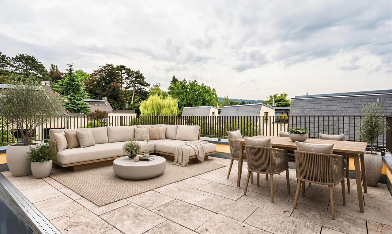 terrasse mit terrasse, from property, und overcast