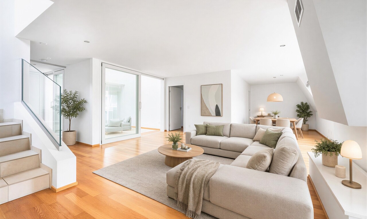wohn- / esszimmer mit treppen, holzfußboden, wood finish floor, inside property, und gipskartonwand