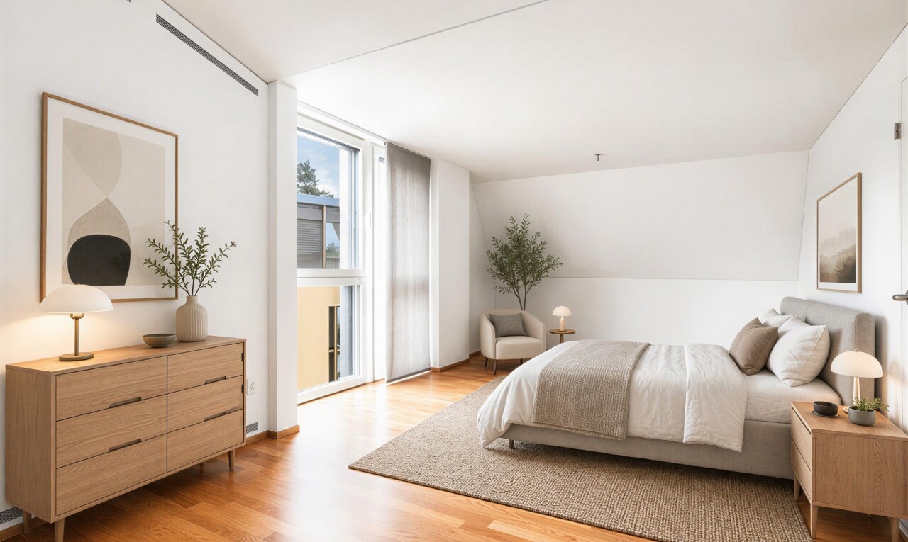 zimmer / schlafzimmer mit natürliches licht, natural light, holzfußboden, wood finish floor, und gipskartonwand