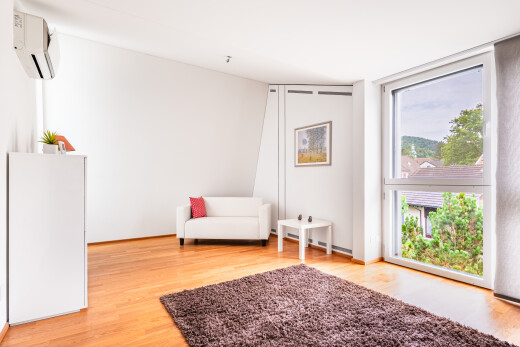 salon avec natural light, lumière naturelle, wood finish floor, sol en finition bois, et inside property