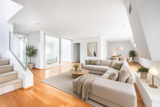 wohn- / esszimmer mit treppen, holzfußboden, wood finish floor, inside property, und gipskartonwand