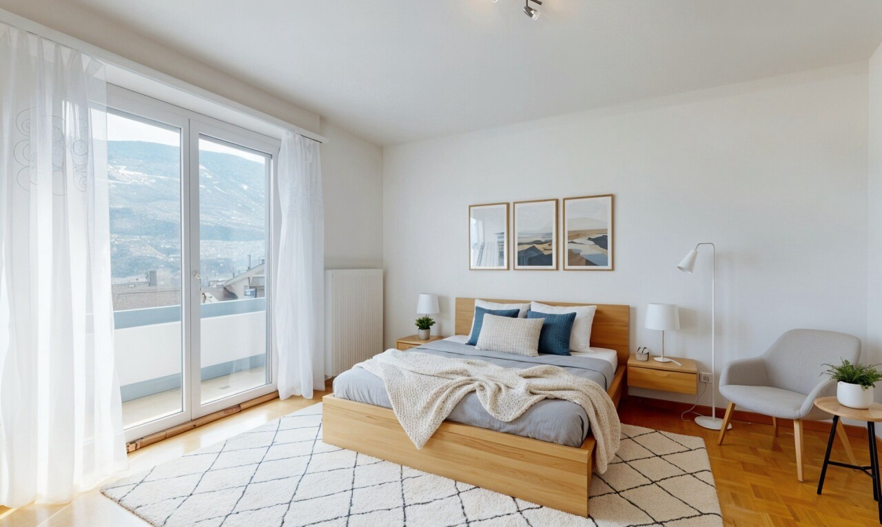 zimmer / schlafzimmer mit parquet floor, drywall, gipskartonwand, außenzugang, und wood finish floor