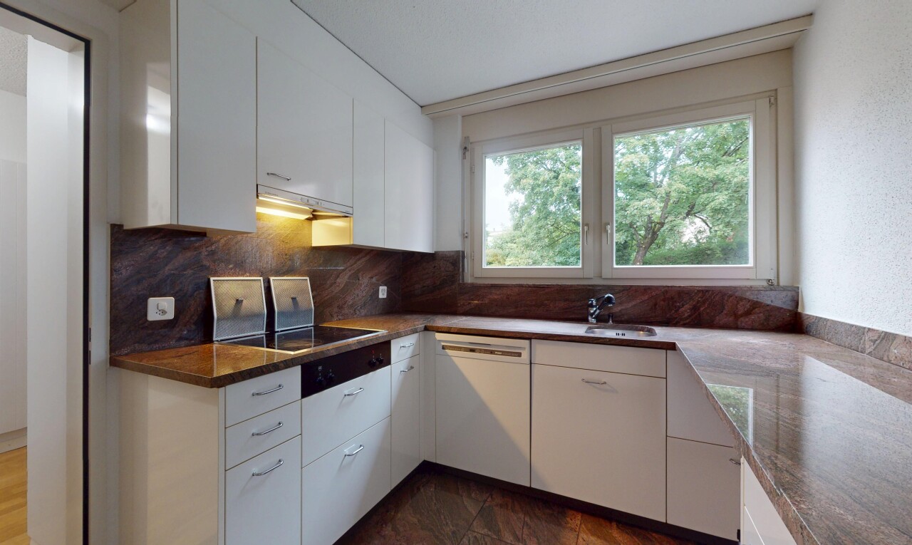 küche mit weiße schränke, natural light, natürliches licht, inside property, und dunstabzugshaube