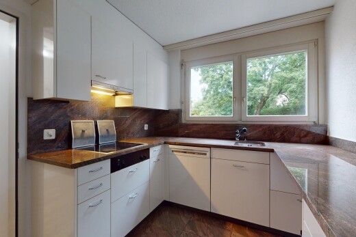 küche mit weiße schränke, natural light, natürliches licht, inside property, und dunstabzugshaube