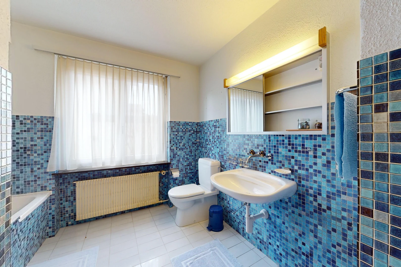 salle de bains avec lumière naturelle, mur carrelé, miroir, et radiateur