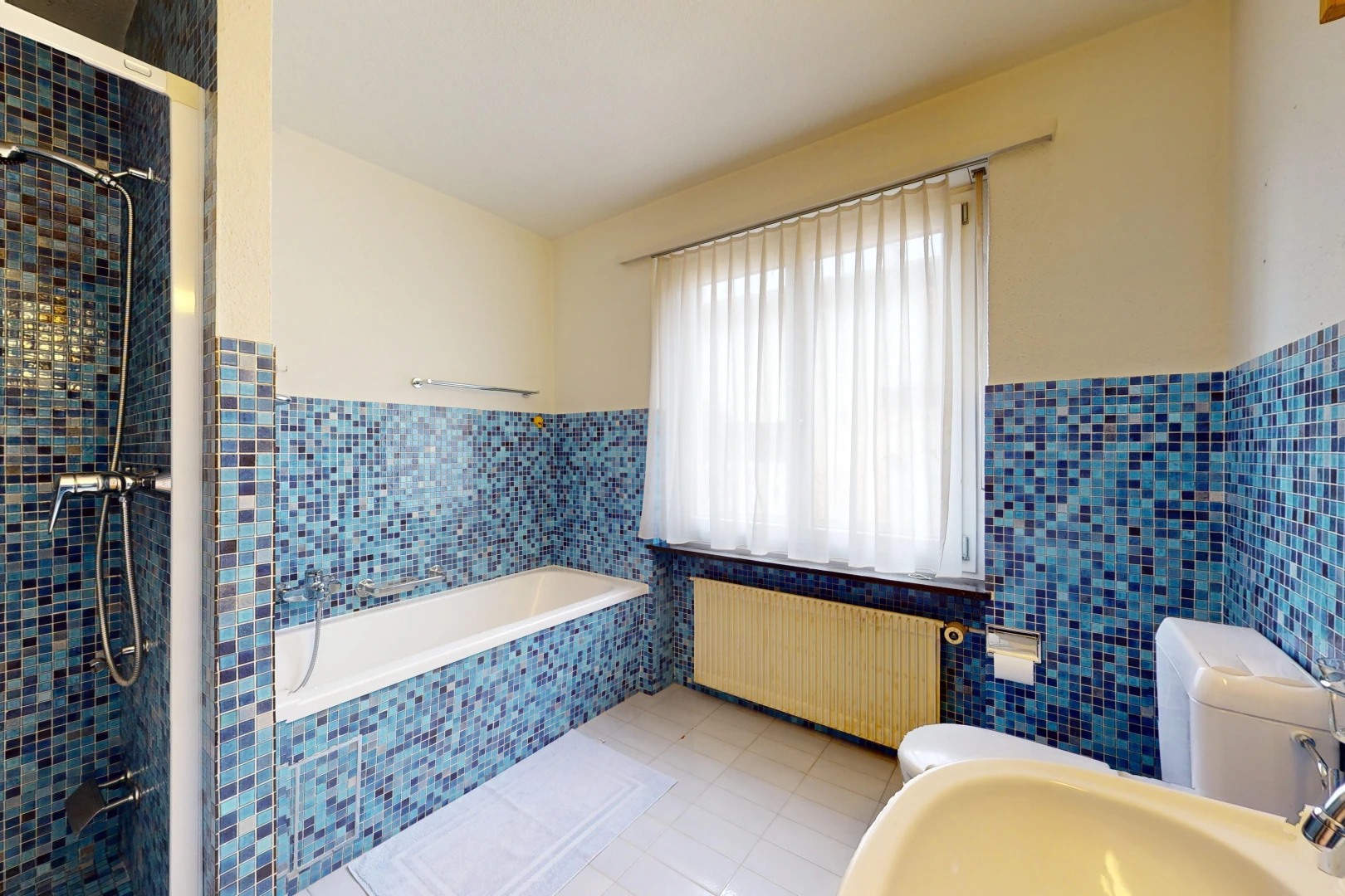 salle de bains avec lumière naturelle, carrelage, mur carrelé, et radiateur