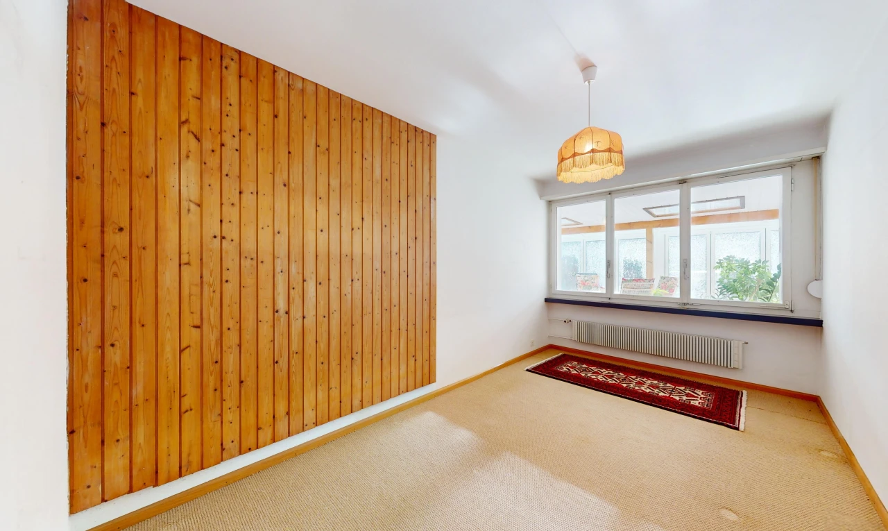 pièce vide avec radiateur, mur en bois, moquette, et lumière naturelle
