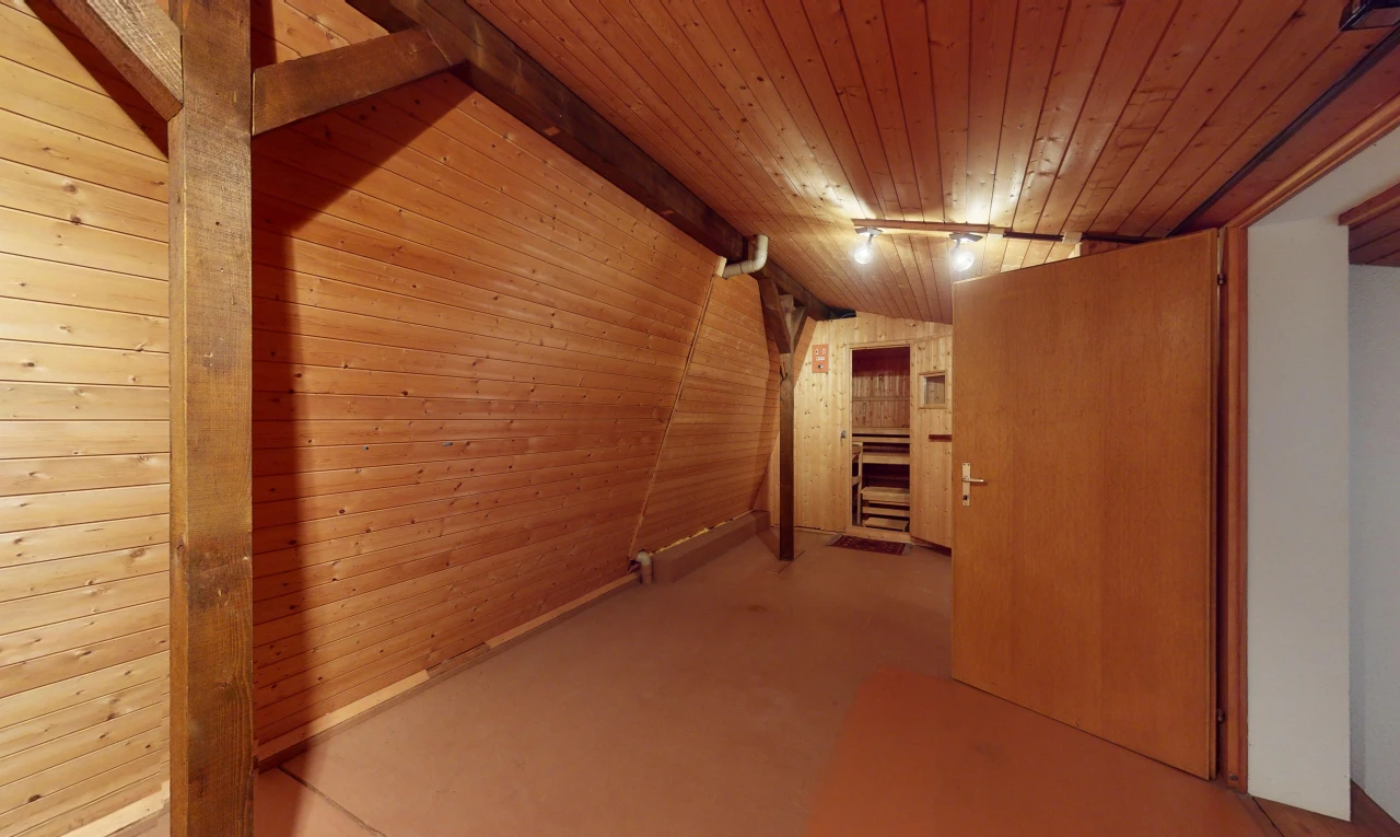 espace intérieur avec mur en bois, plafond de bois, éclairage sur rail, et plafond voûté