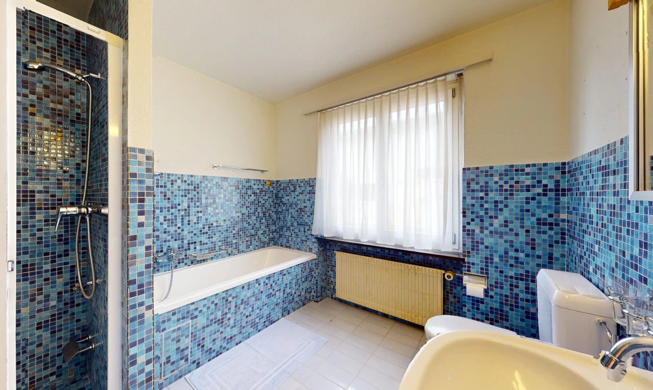 salle de bains avec lumière naturelle, carrelage, mur carrelé, et radiateur