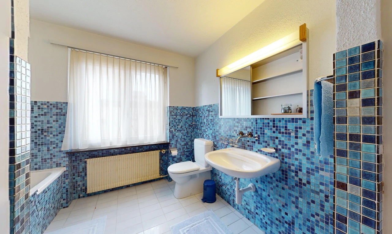 salle de bains avec lumière naturelle, mur carrelé, miroir, et radiateur