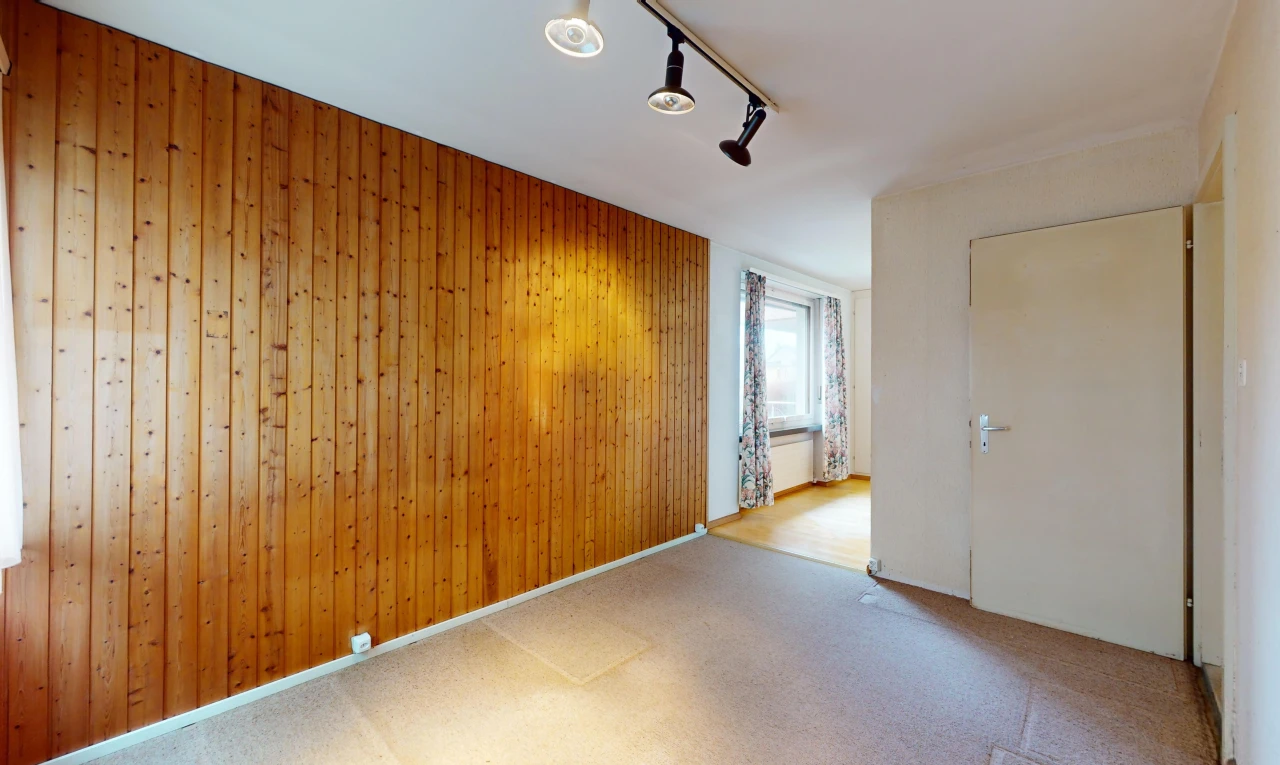 pièce vide avec lumière naturelle, éclairage sur rail, moquette, et mur en bois