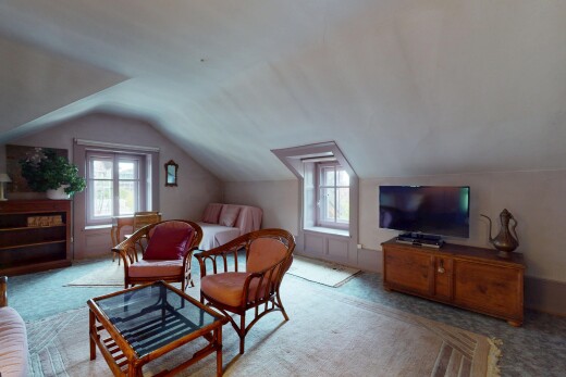 salon avec télévision, moquette, carpet, plafond bas, et low ceiling