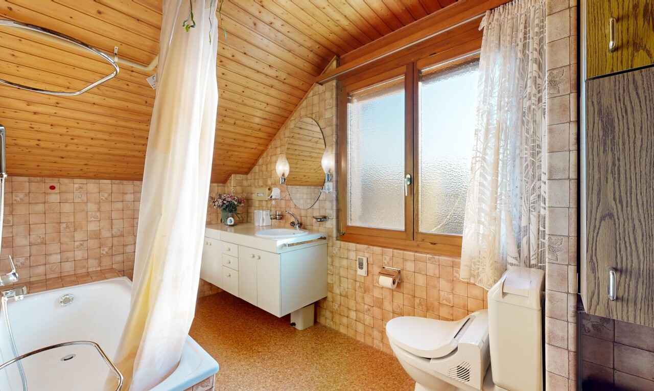 salle de bains avec lumière naturelle, natural light, salle de bain complète, mur en carrelage, et tile wall