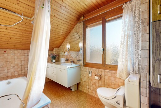 salle de bains avec lumière naturelle, natural light, salle de bain complète, mur en carrelage, et tile wall