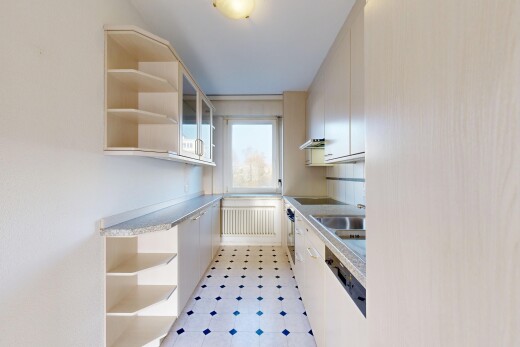 küche mit offene regale, natürliches licht, natural light, arbeitsplatten, und kühler